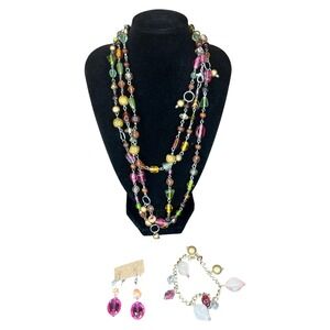 Long Beaded Necklace Bracelet Earrings Set Silver Tone Boho Fashion Jewelry Pink